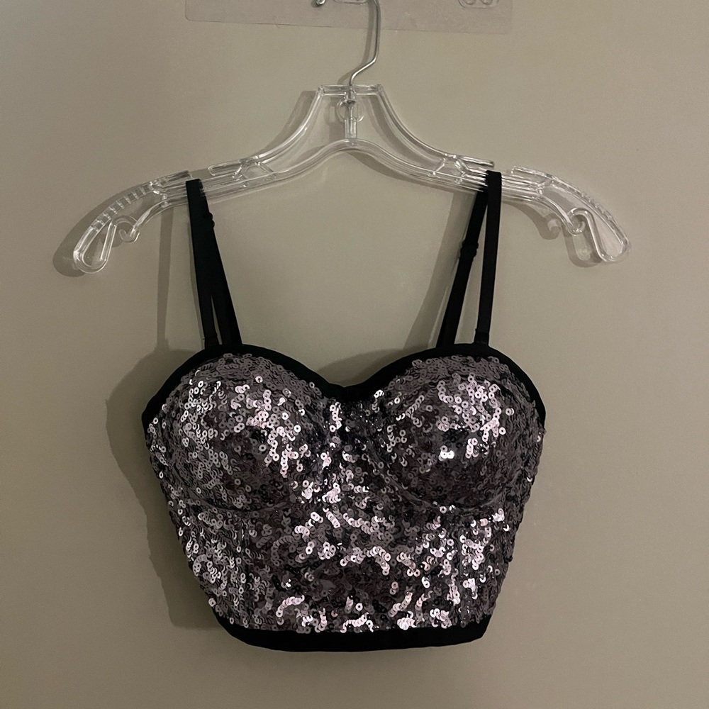 Sequin Embellished Bustier Top - Black and Silver